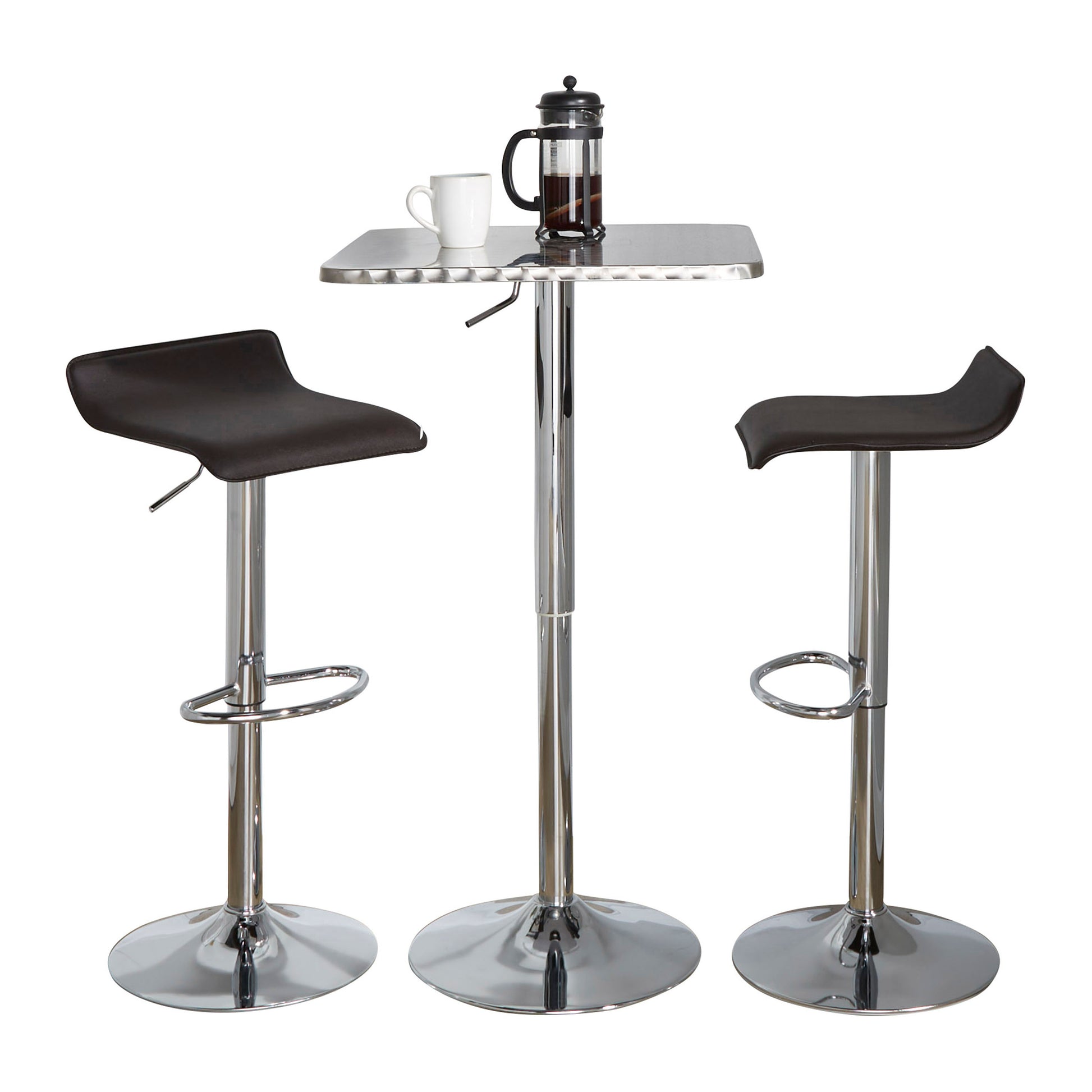 SquareContemporary Adjustable Bar Set in Silver and Chrome Metal with Brown PVC and Oval Footrest  - 3 Piece