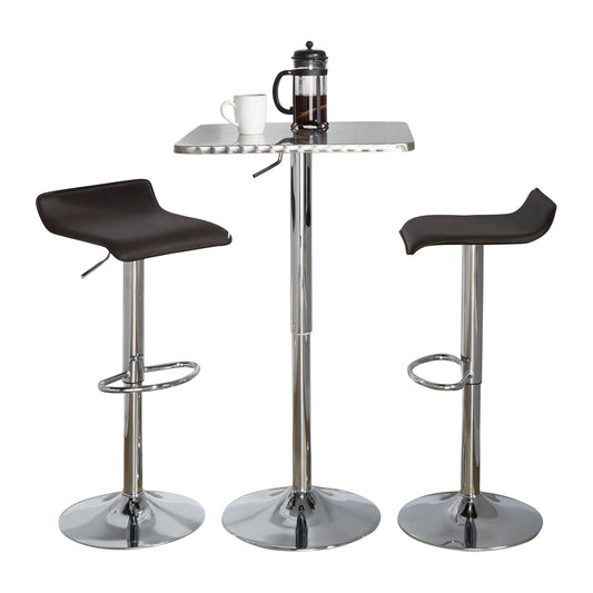 SquareContemporary Adjustable Bar Set in Silver and Chrome Metal with Brown PVC and Oval Footrest  - 3 Piece
