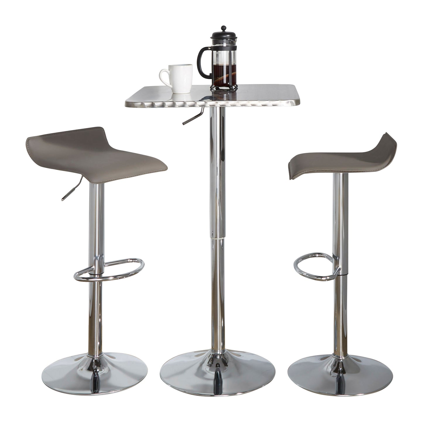 SquareContemporary Adjustable Bar Set in Silver and Chrome Metal with Grey PVC and Oval Footrest  - 3 Piece