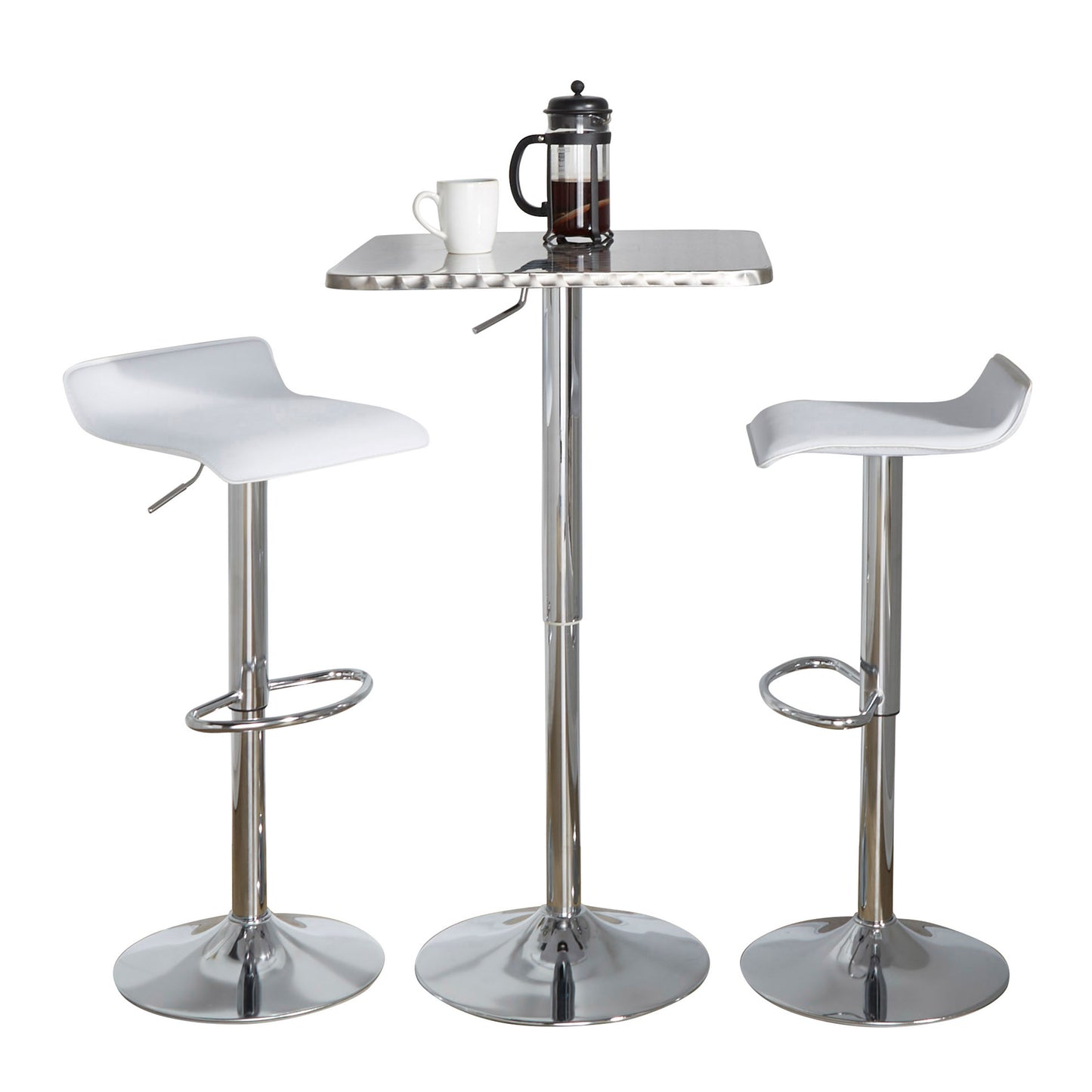 SquareContemporary Adjustable Bar Set in Silver and Chrome Metal with White PVC and Oval Footrest  - 3 Piece