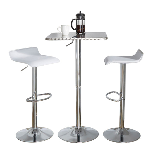 SquareContemporary Adjustable Bar Set in Silver and Chrome Metal with White PVC and Oval Footrest  - 3 Piece