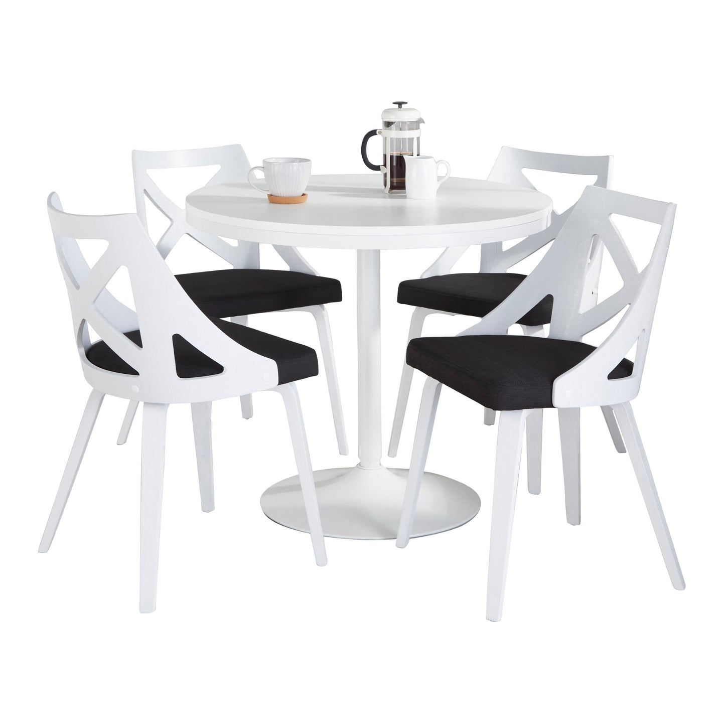 Contemporary Dining Set in White Steel with White Wood Tabletop and White Textured Wood with Charcoal Fabric  - 5 Piece