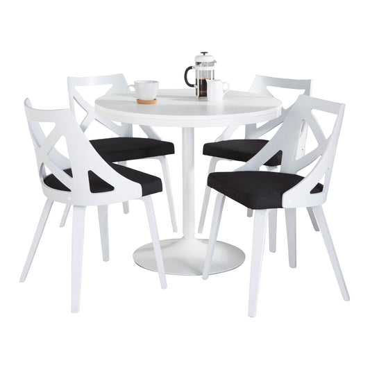 Contemporary Dining Set in White Steel with White Wood Tabletop and White Textured Wood with Charcoal Fabric  - 5 Piece
