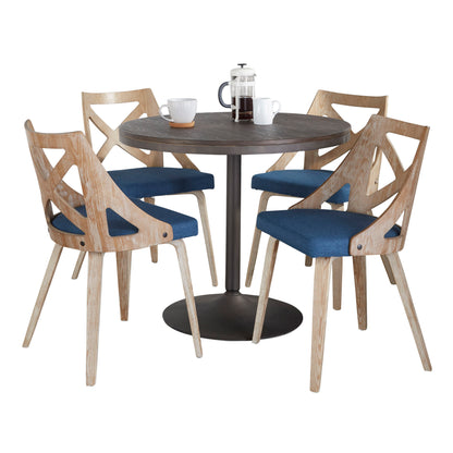 Contemporary Dining Set in Antique Metal with Espresso Wood-Pressed Grain Bamboo Tabletop and Whitewashed Wood with Blue Fabric  - 5 Piece