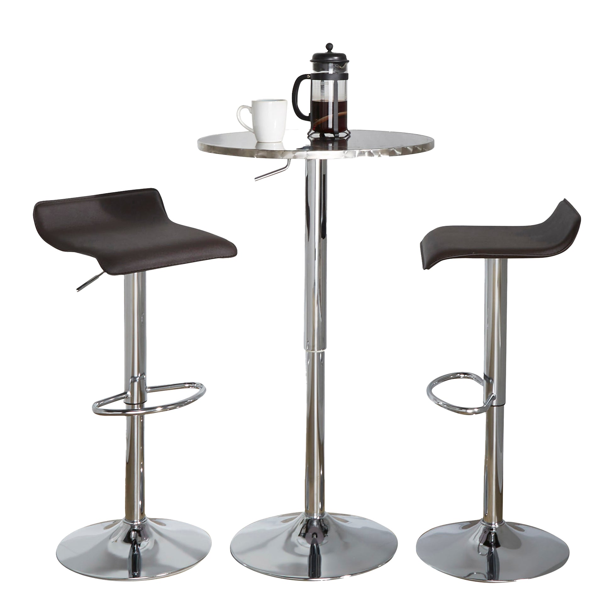RoundContemporary Adjustable Bar Set in Silver and Chrome Metal with Brown PVC and Oval Footrest  - 3 Piece