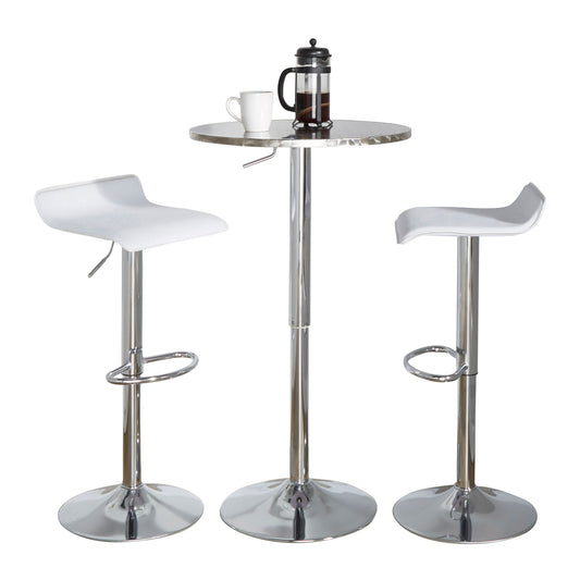 RoundContemporary Adjustable Bar Set in Silver and Chrome Metal with White PVC and Oval Footrest  - 3 Piece