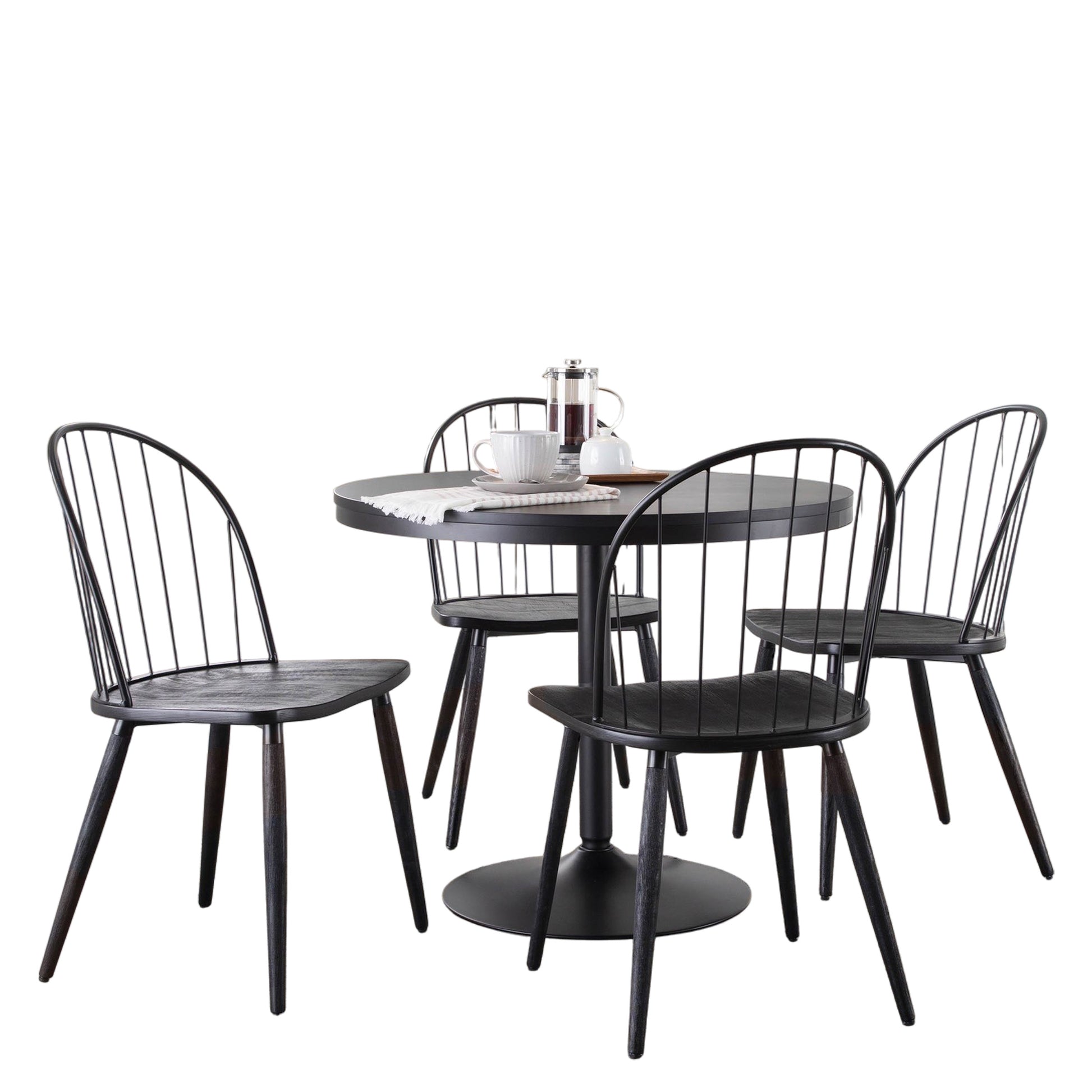 Dining Set in Black Metal with Black Wood Tabletop and Black Wood Seats - 5 Piece