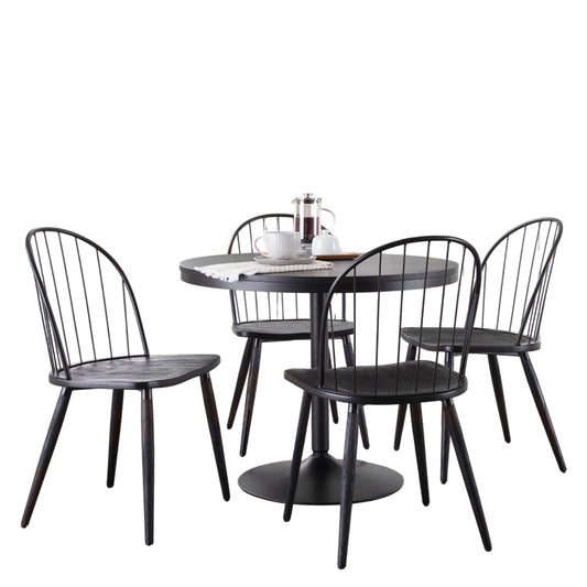 Dining Set in Black Metal with Black Wood Tabletop and Black Wood Seats - 5 Piece