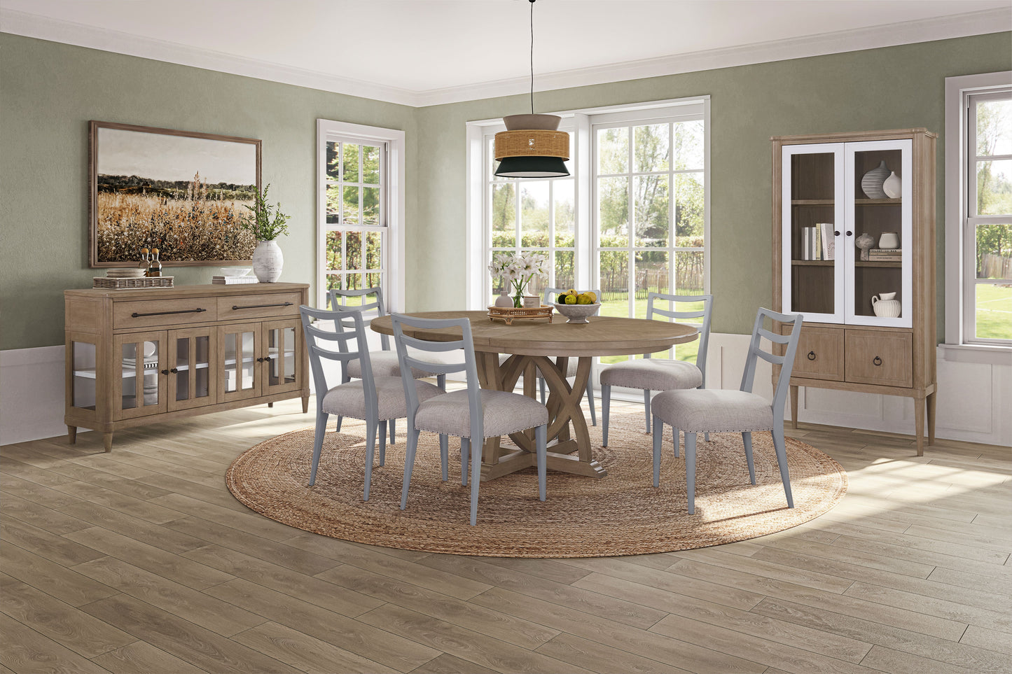 Round Expandable Dining Table with 4 Ladderback Chairs a Glass Door Server and Display Case