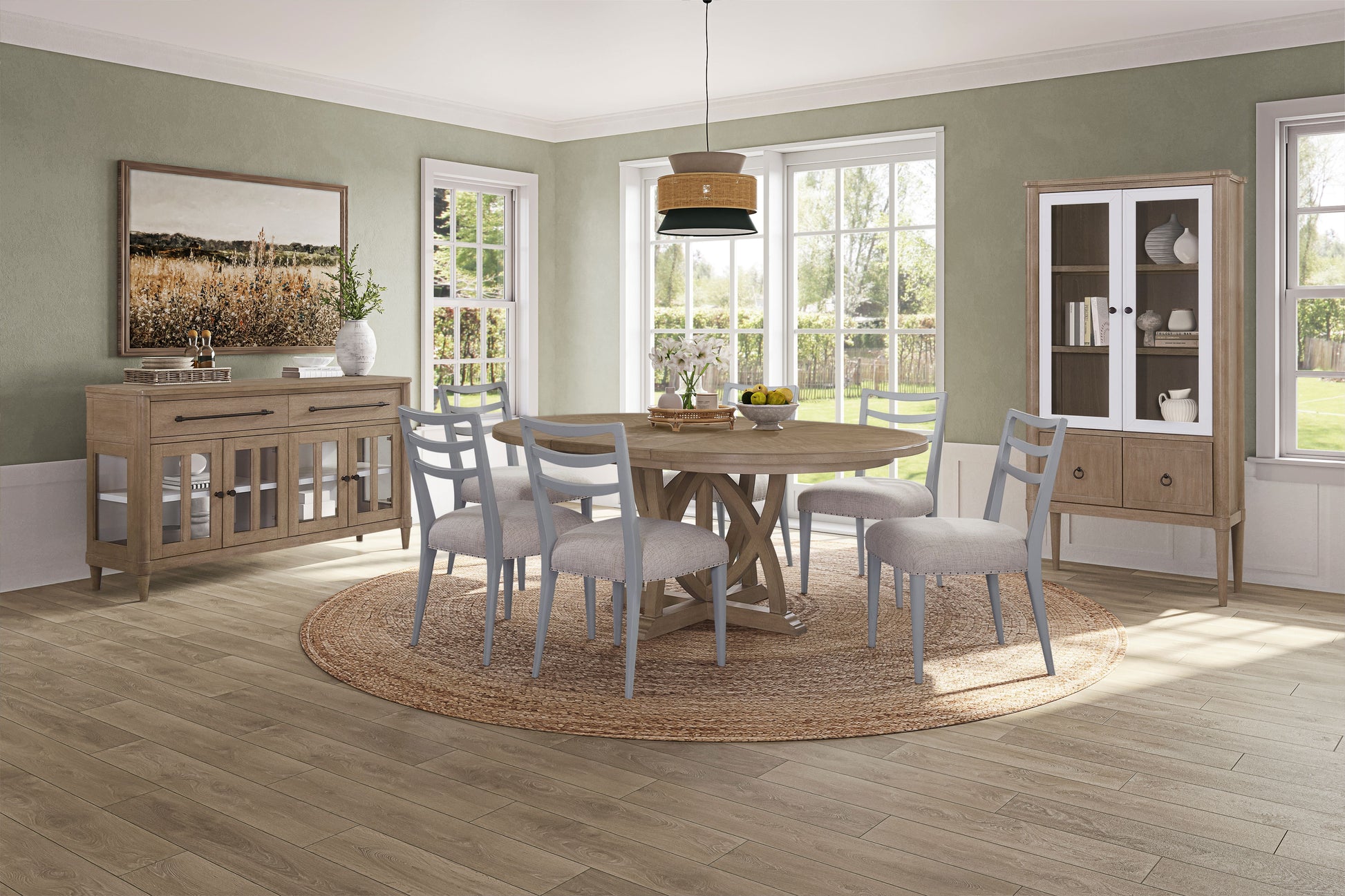 Round Expandable Dining Table with 4 Ladderback Chairs a Glass Door Server and Display Case