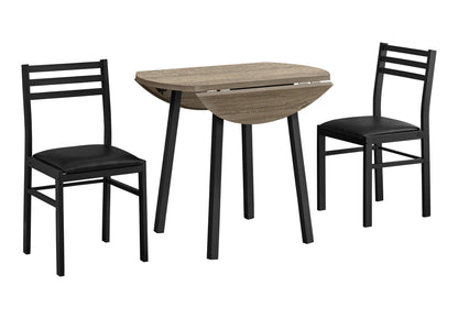 3-Piece Taupe Drop Leaf Dining Table Set with Black Chairs for Dining Room