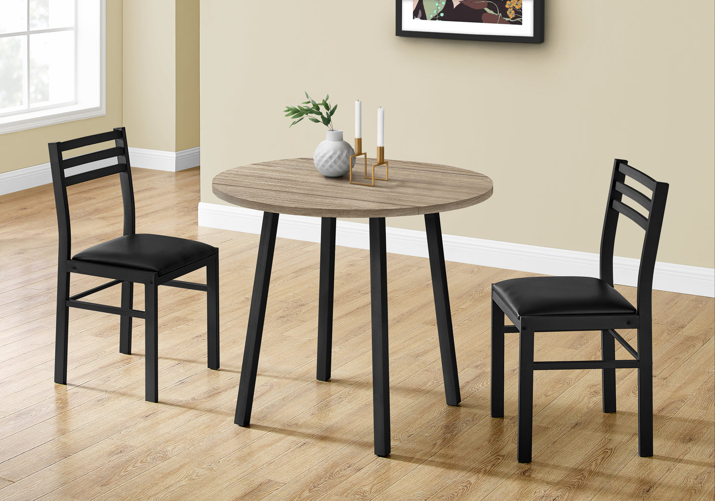 3-Piece Taupe Drop Leaf Dining Table Set with Black Chairs for Dining Room