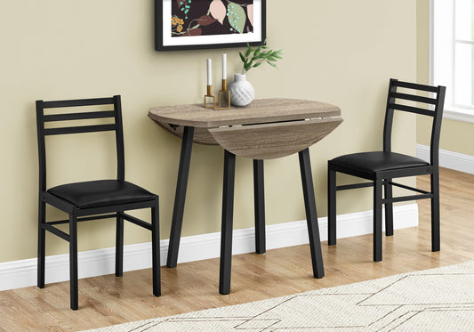Dining Table Set, 3pcs Set, Small, 35" Drop Leaf, Kitchen, Black Metal, Brown Laminate, Contemporary, Modern