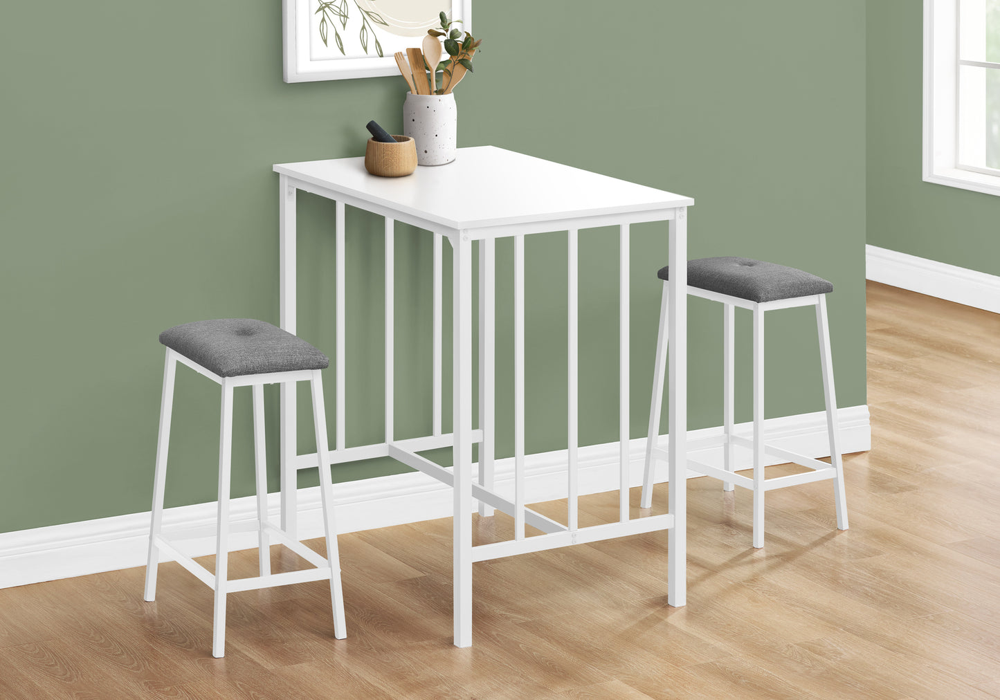 Dining Set, 3pcs Set, Counter Height, 36" Rectangular, Small, Kitchen, White Laminate, White Metal, Contemporary, Modern