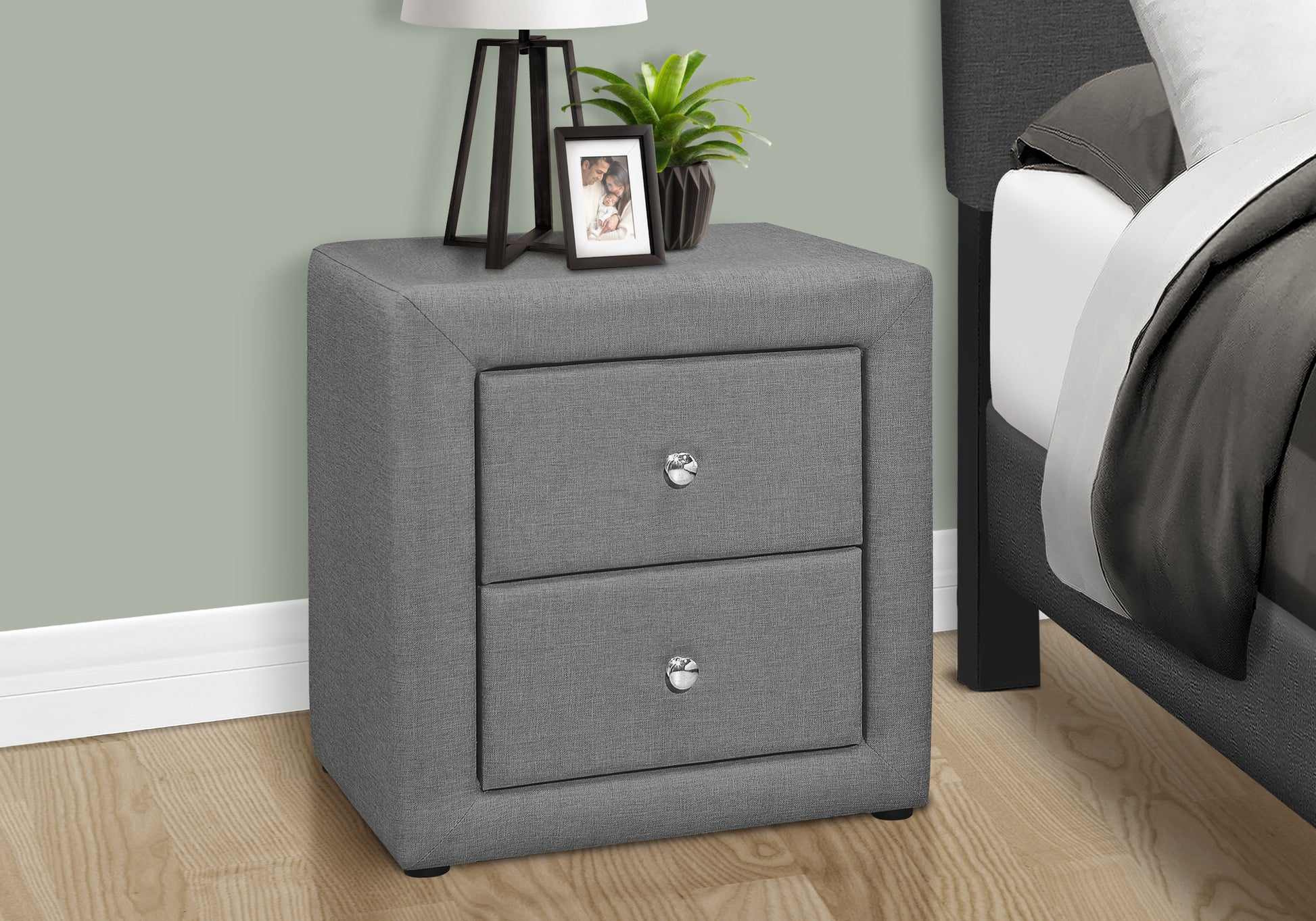 Grey Linen Nightstand with Two Drawers - 20.5" W