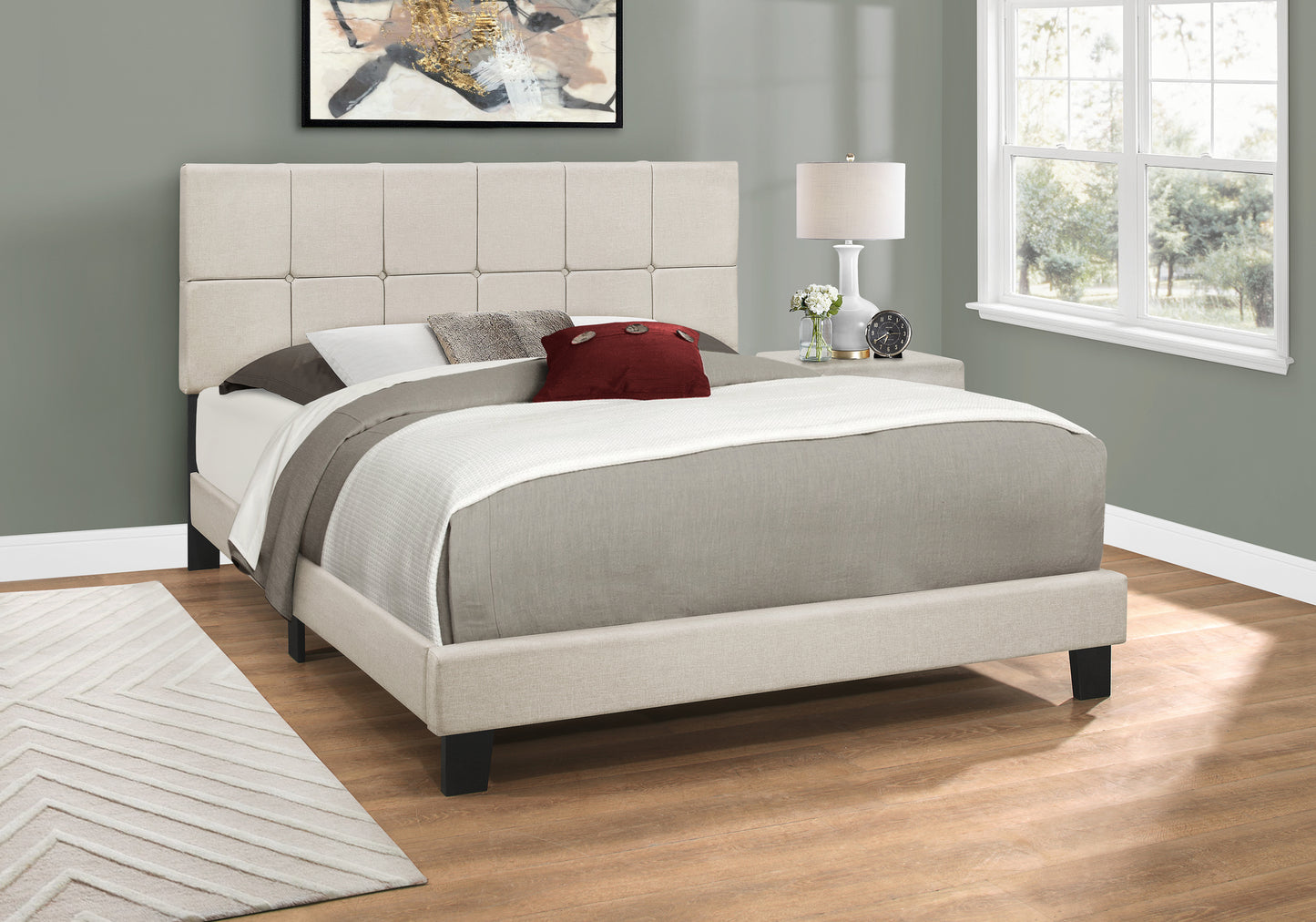Queen Size Beige Upholstered Bed Frame