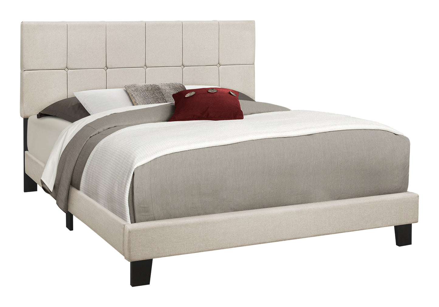 Bed, Queen Size, Bedroom, Upholstered, Beige Linen Look, Black Wood Legs, Transitional