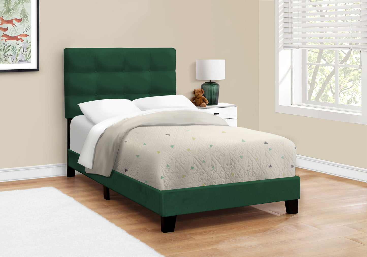 Bed, Twin Size, Upholstered, Bedroom, Frame Only, Youth, Teen, Juvenile, Green Velvet, Transitional