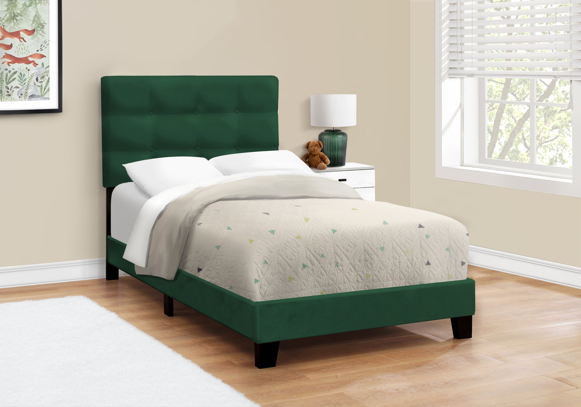 Bed, Twin Size, Upholstered, Bedroom, Frame Only, Youth, Teen, Juvenile, Green Velvet, Transitional
