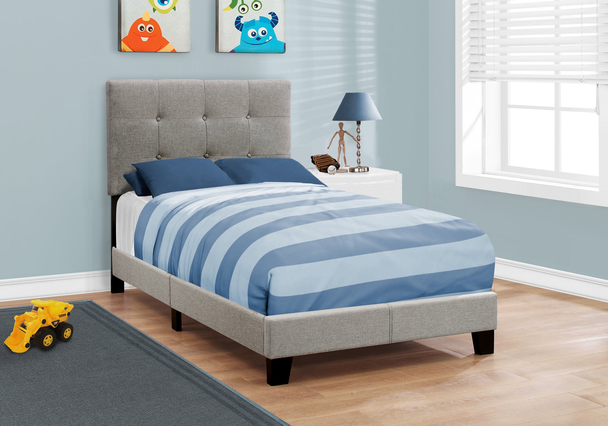 Bed, Twin Size, Upholstered, Bedroom, Frame Only, Youth, Teen, Juvenile, Grey Linen Look, Transitional