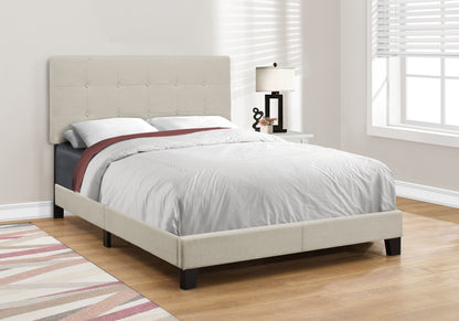 Full Size Beige Upholstered Bed Frame with Linen Look Fabric