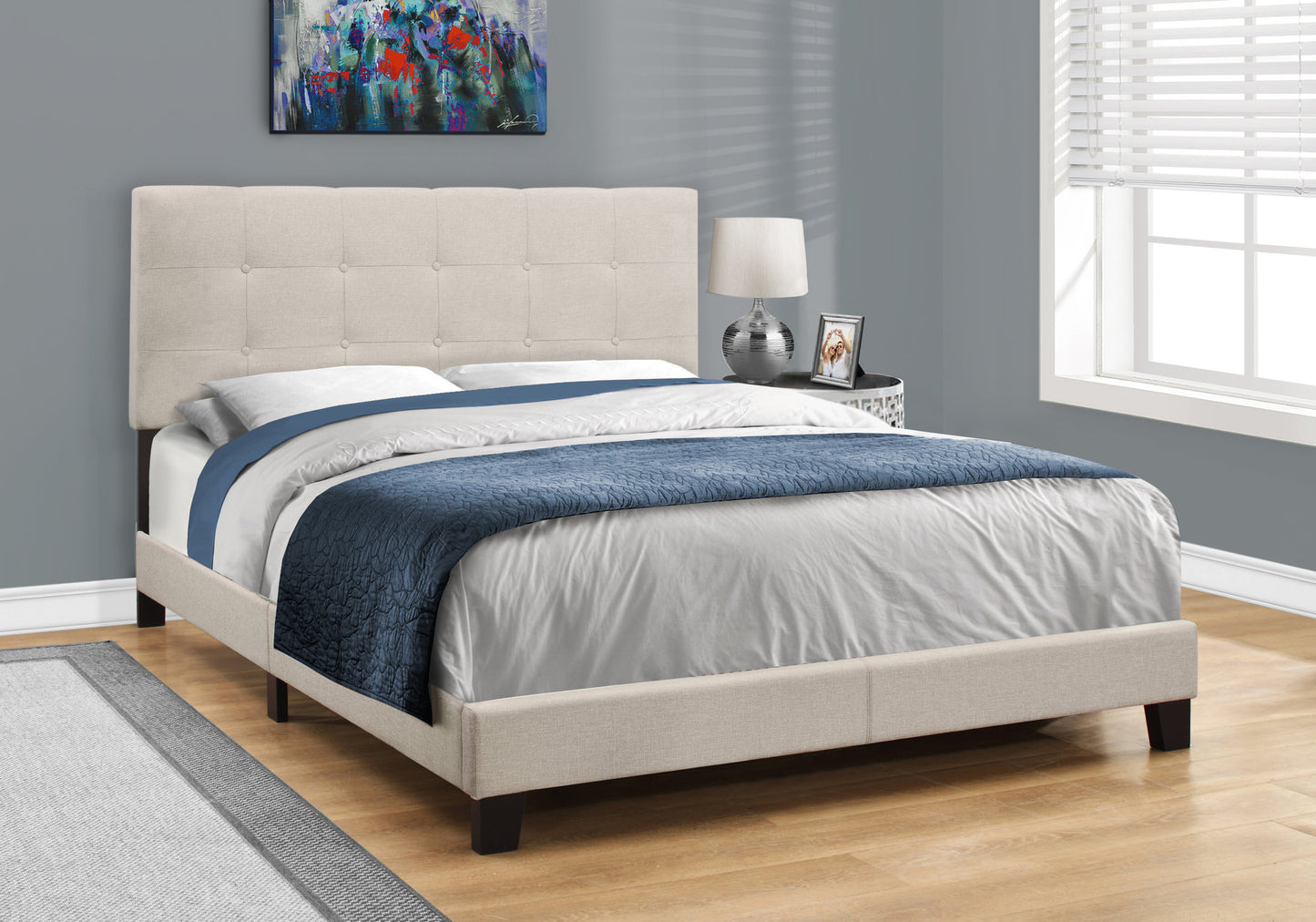Queen Upholstered Bed Frame Beige Linen Look for Bedroom