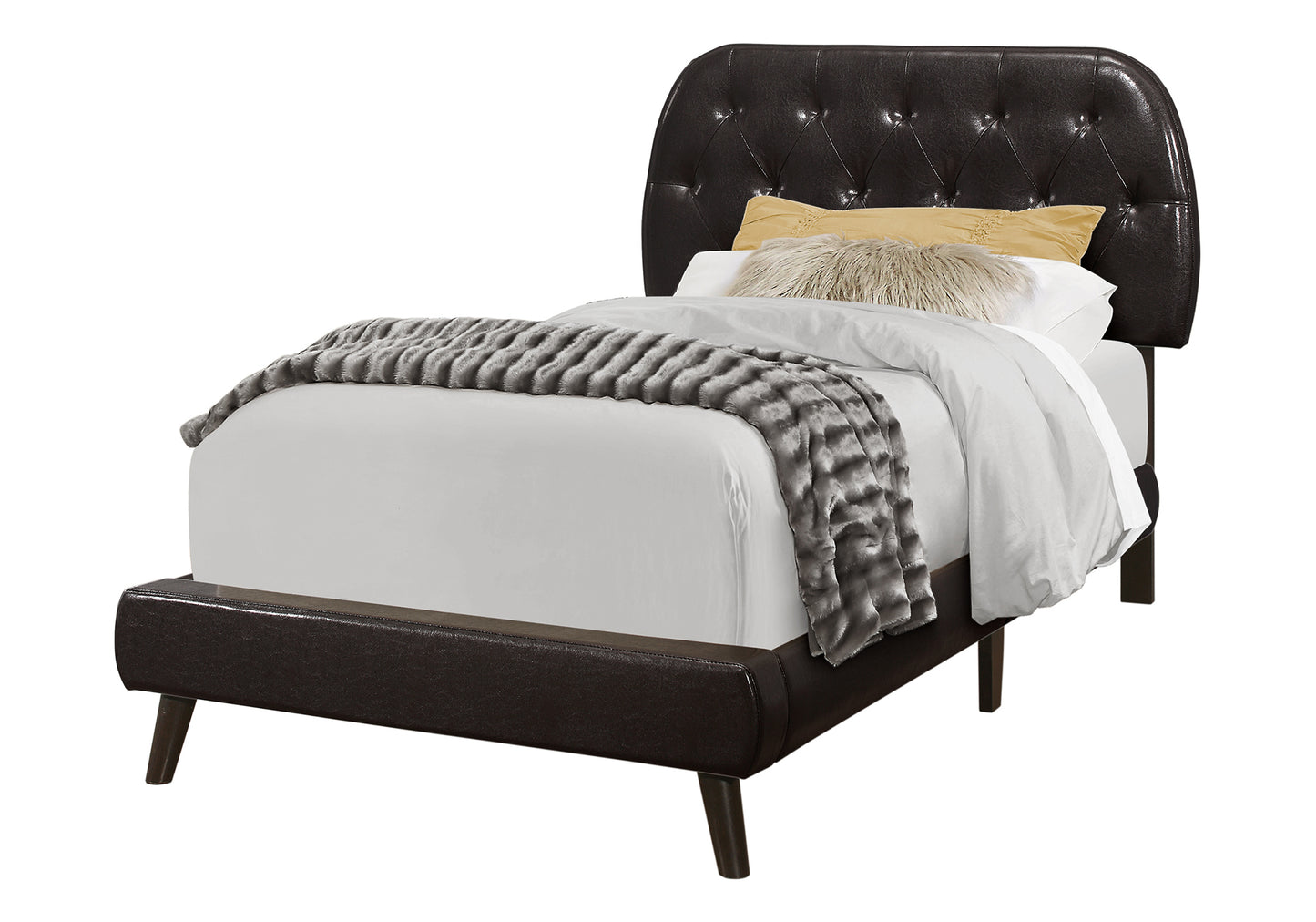 Twin Size Upholstered Bed Frame Brown Faux Leather for Bedroom