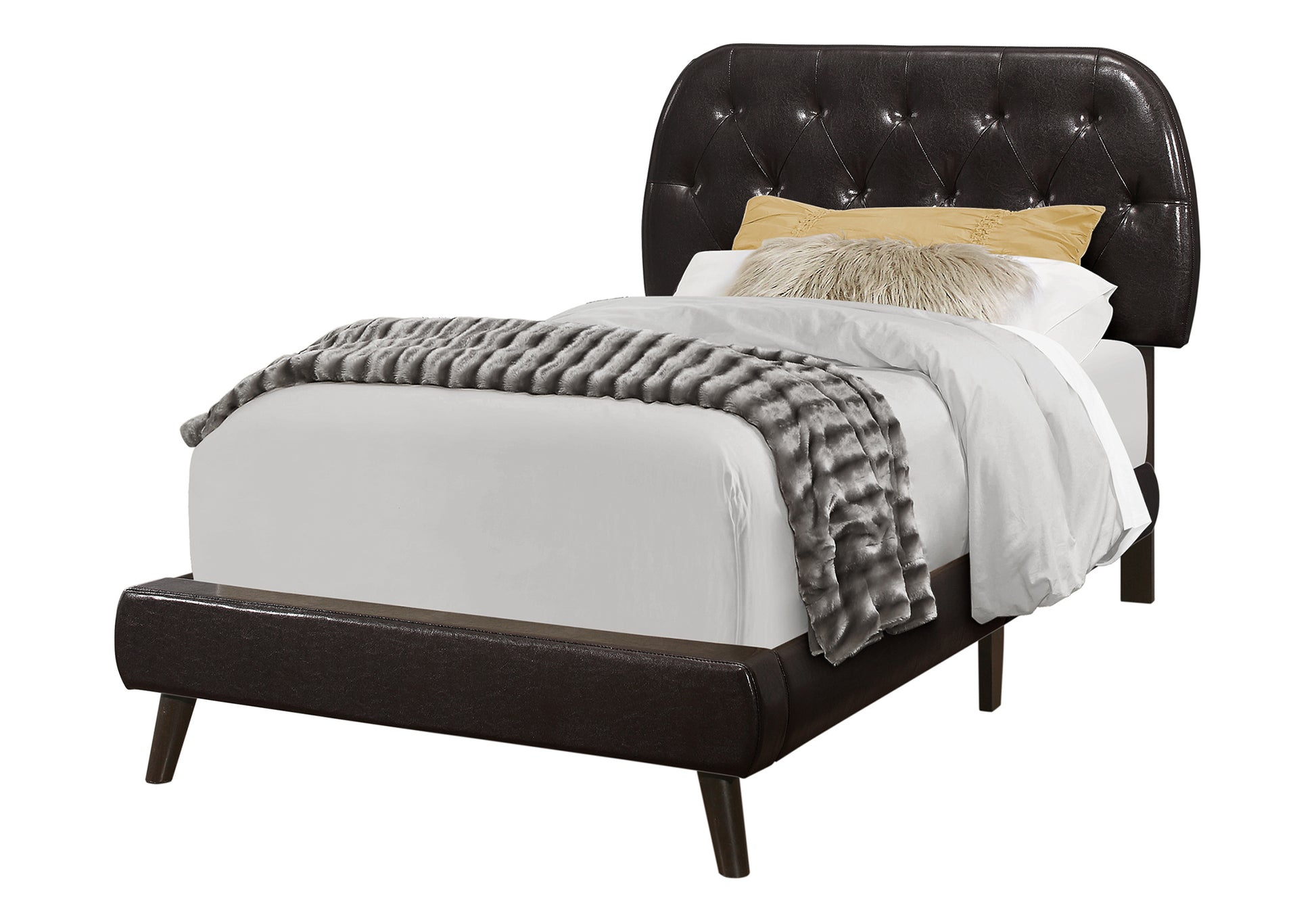 Twin Size Upholstered Bed Frame Brown Faux Leather for Bedroom