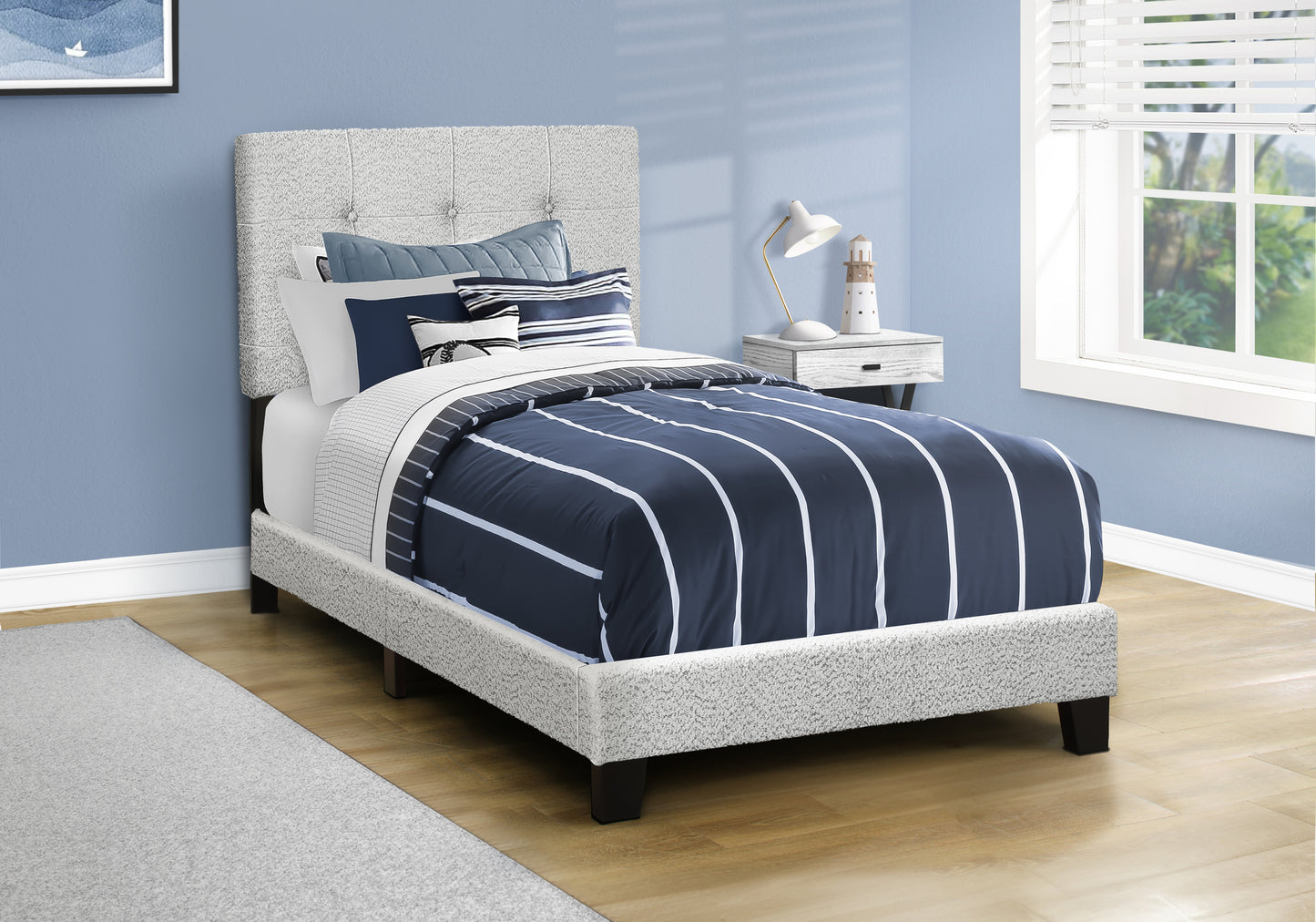 Bed, Twin Size, Upholstered, Frame Only, Bedroom, Juvenile, Youth, Light Grey Boucle, Transitional