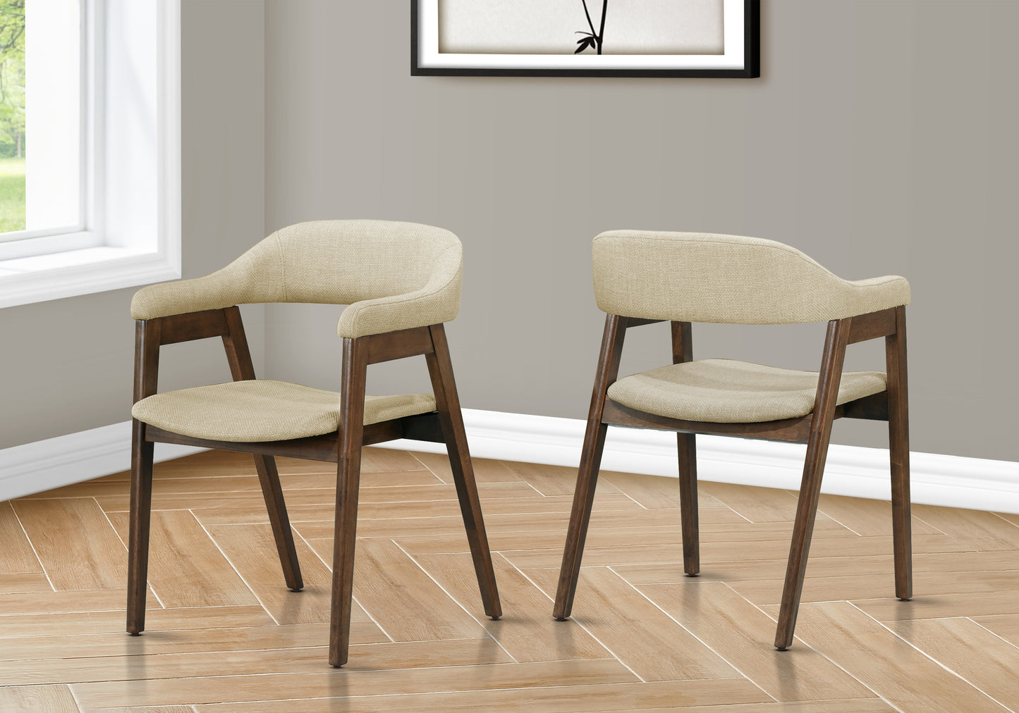 Dining Chair, 32" Height, Set Of 2, Side, Upholstered, Dining Room, Kitchen, Dark Walnut, Sand Fabric, Mid Century, Modern