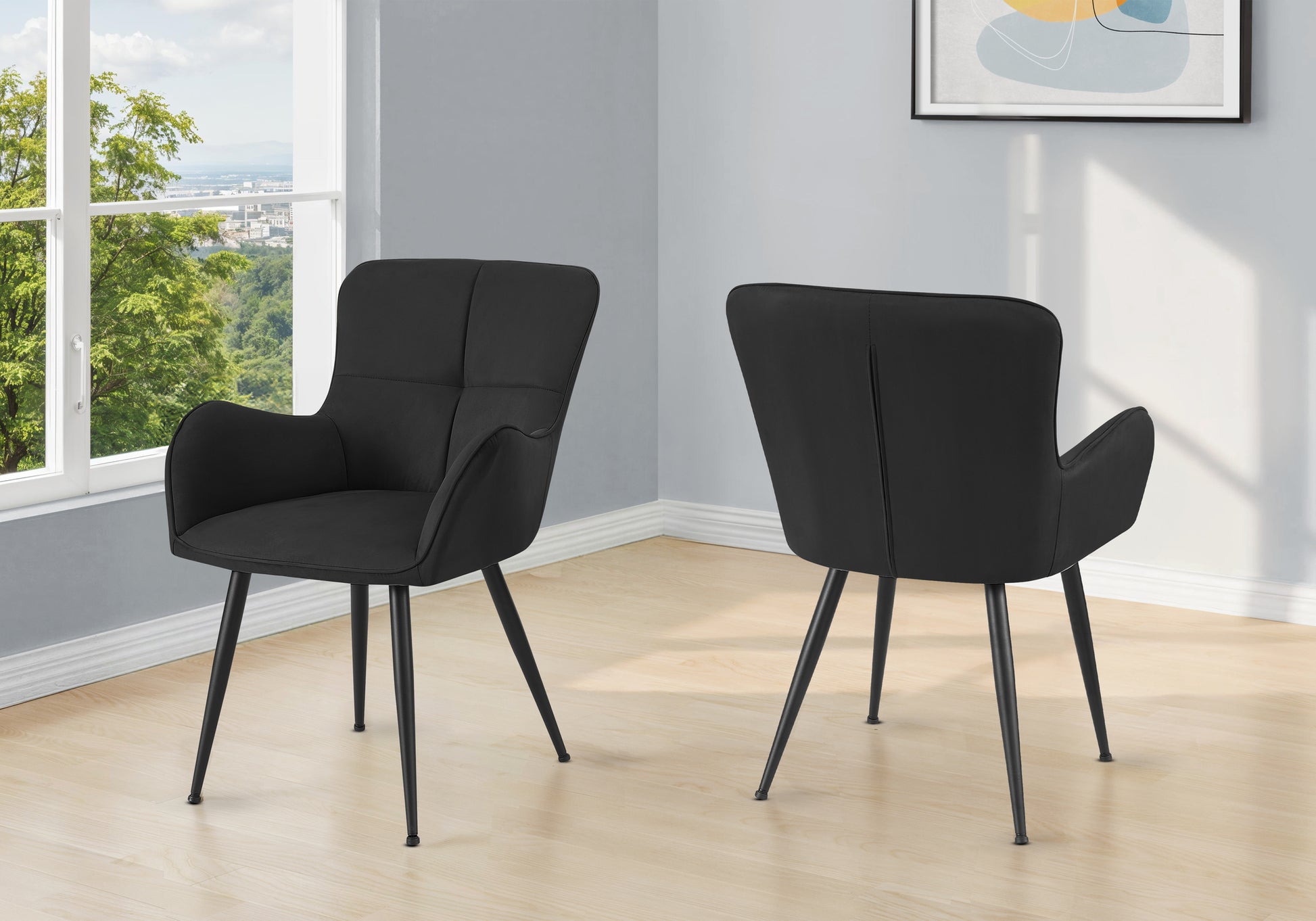 Dining Chair, 33" Height, Set Of 2, Upholstered, Side, Dining Room, Kitchen, Black Suede Look, Black Metal, Contemporary, Modern