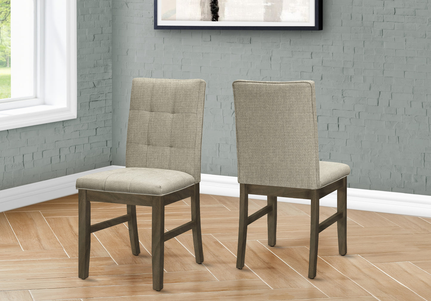 Dining Chair, 37" Height, Set Of 2, Upholstered, Dining Room, Kitchen, Brown Fabric, Grey Solid Wood, Transitional