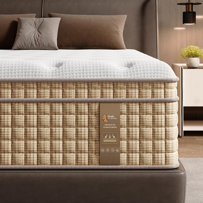 Full Size 12 Inch Hybrid Mattress - Beige White Polyester for Bedroom