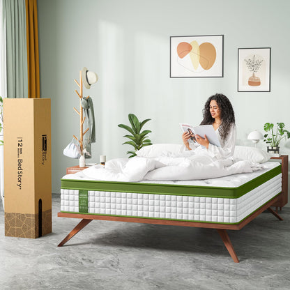 12 Inch Full Size Hybrid Mattress - Green, Gel Memory Foam & Pocket Springs