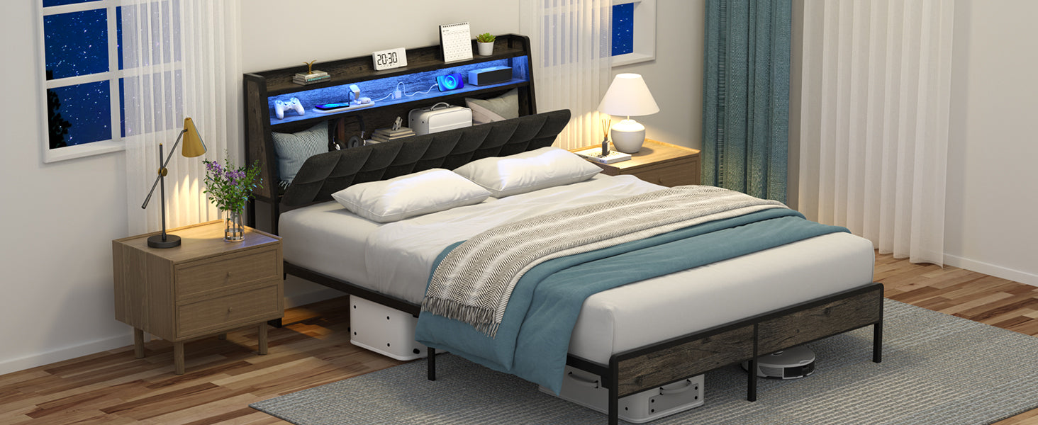 Queen Black Metal Bed Frame with LED Lights & Storage