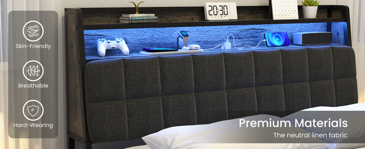 Queen Black Metal Bed Frame with LED Lights & Storage