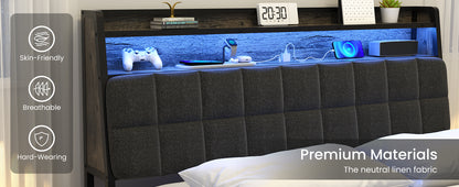Queen Black Metal Bed Frame with LED Lights & Storage