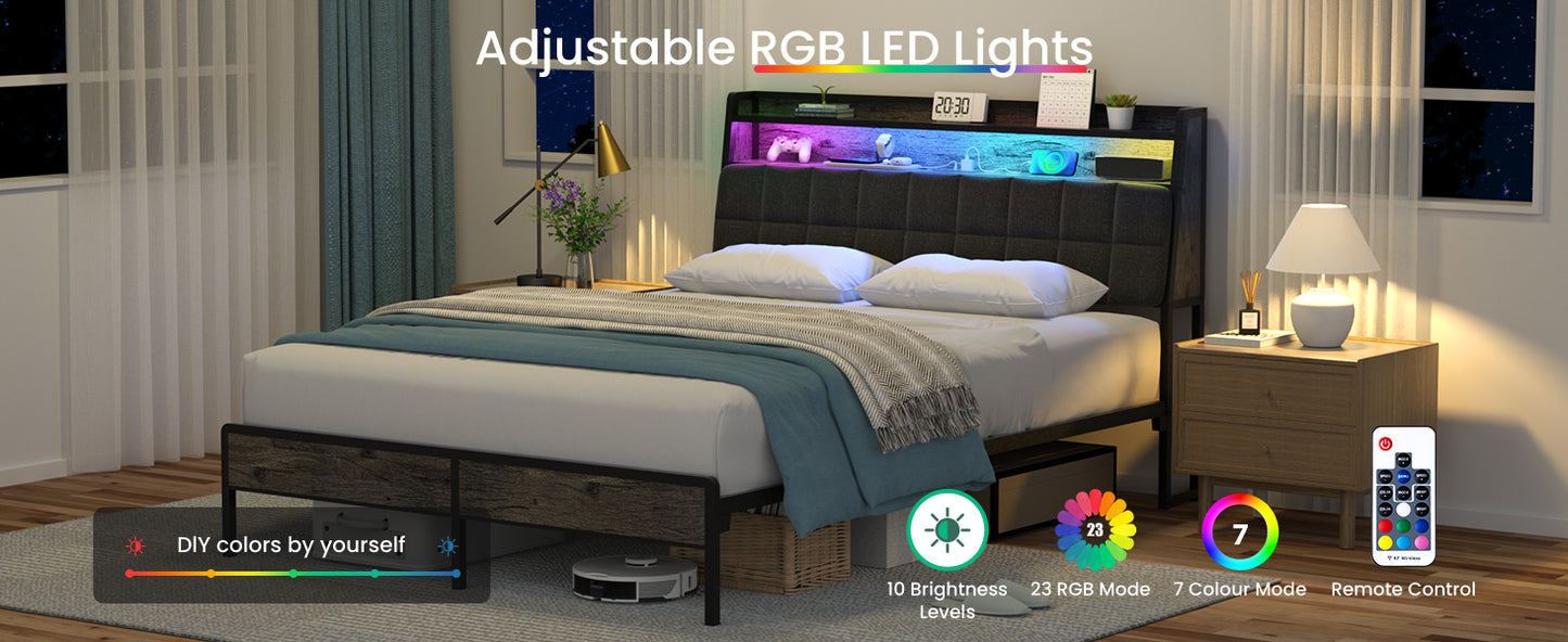 Queen Black Metal Bed Frame with LED Lights & Storage