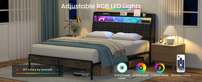Queen Black Metal Bed Frame with LED Lights & Storage
