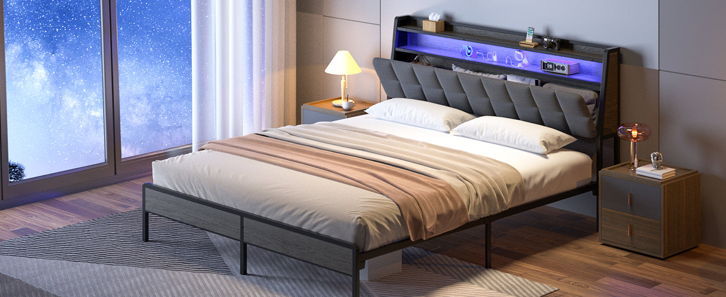 Queen Black Metal Bed Frame with LED Lights & Storage