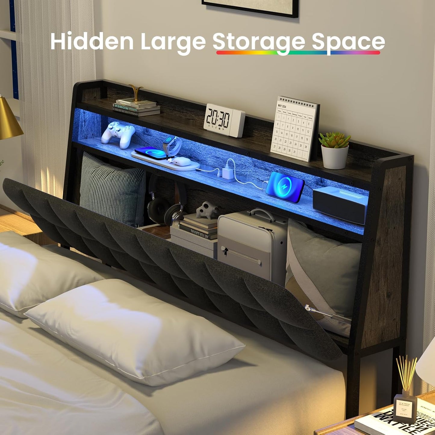 Queen Black Metal Bed Frame with LED Lights & Storage
