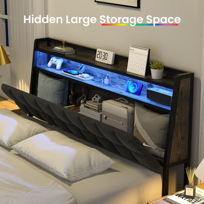 Queen Black Metal Bed Frame with LED Lights & Storage