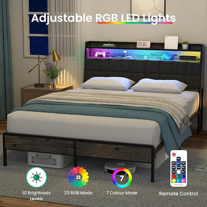 Queen Black Metal Bed Frame with LED Lights & Storage