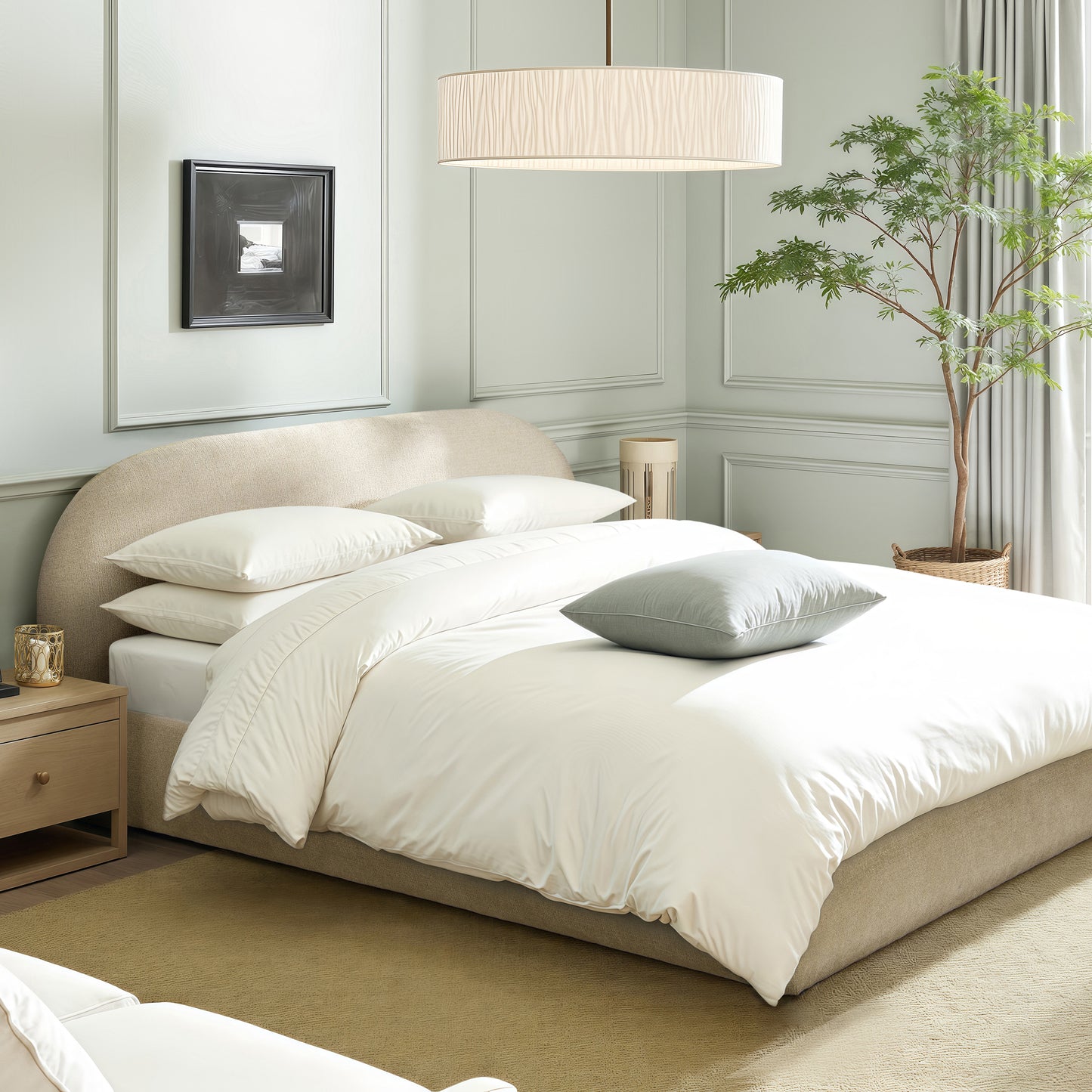 Light Beige Chenille Puffy Platform Bed - 89.5" Queen