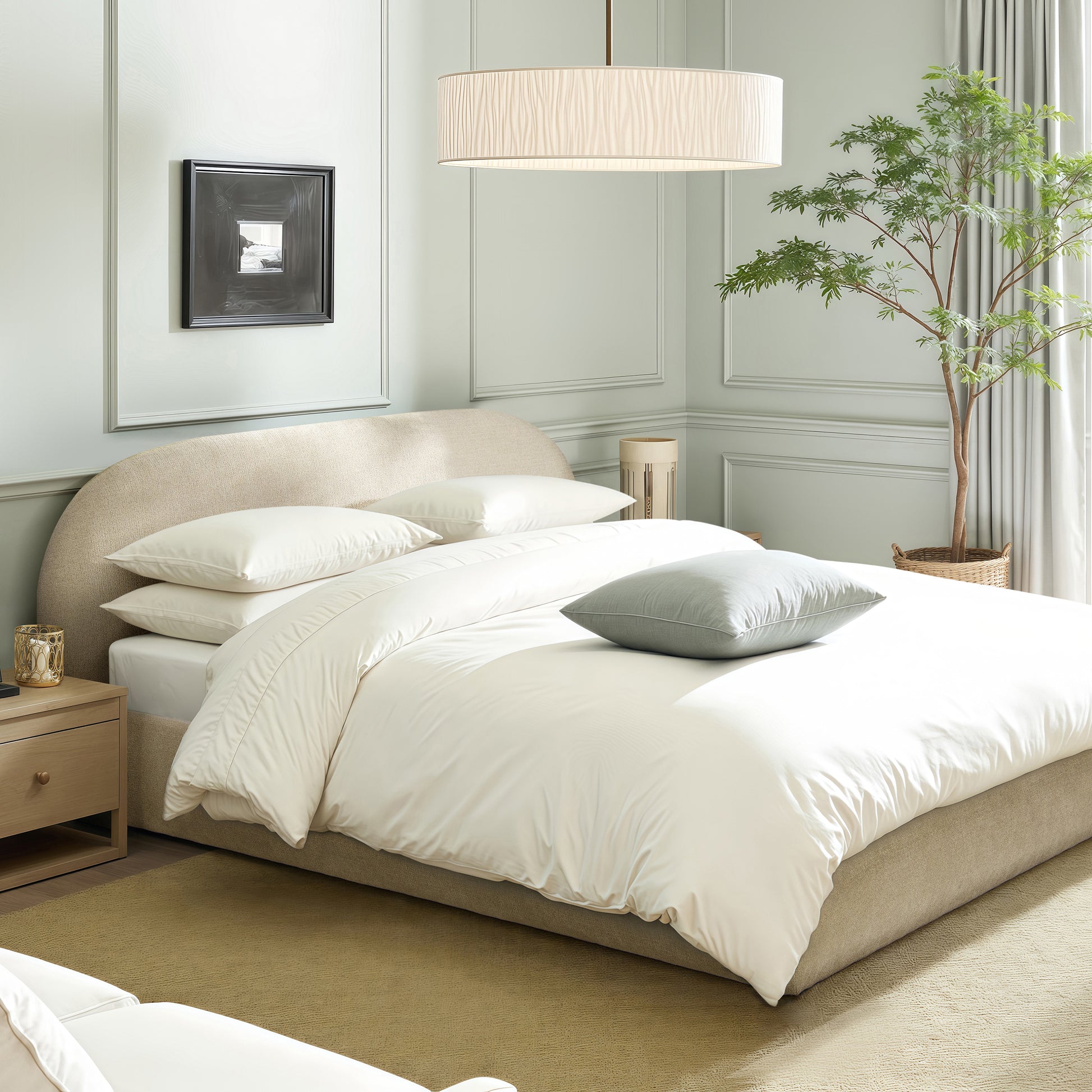 Light Beige Chenille Puffy Platform Bed - 89.5" Queen