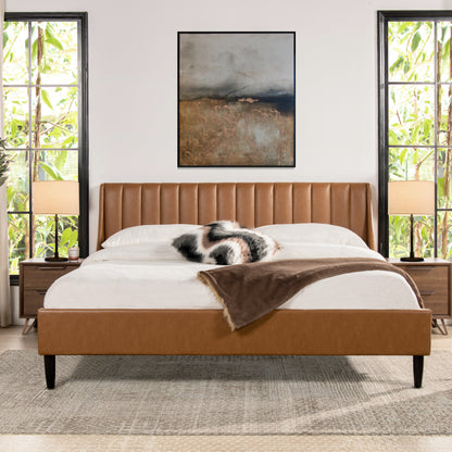 Aspen Vertical Tufted Headboard Platform Bed Set, King, Caramel Tan Brown Faux Leather