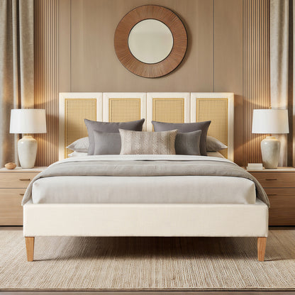 Toscana Queen Upholstered Cane Back Platform Bed, Antique White Polyester