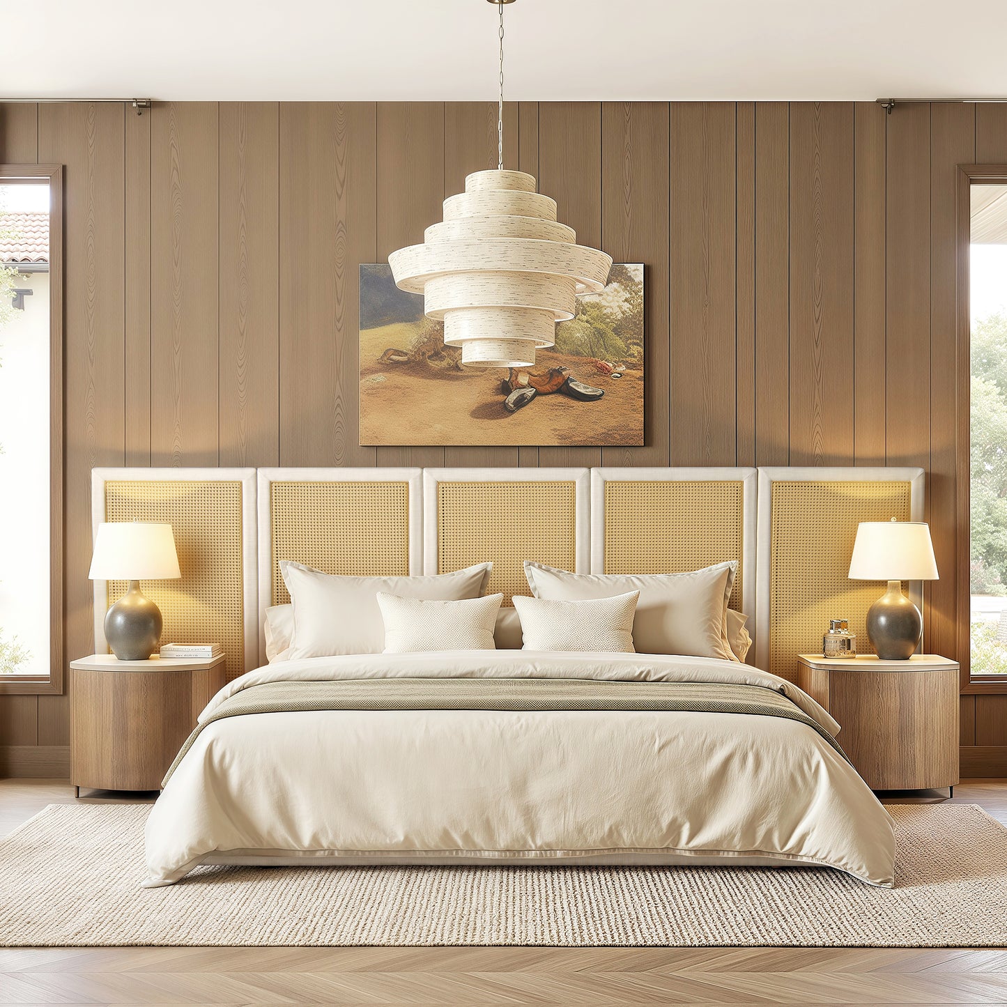 Capri Extended Headboard Cane Platform Bed, Antique White Polyester