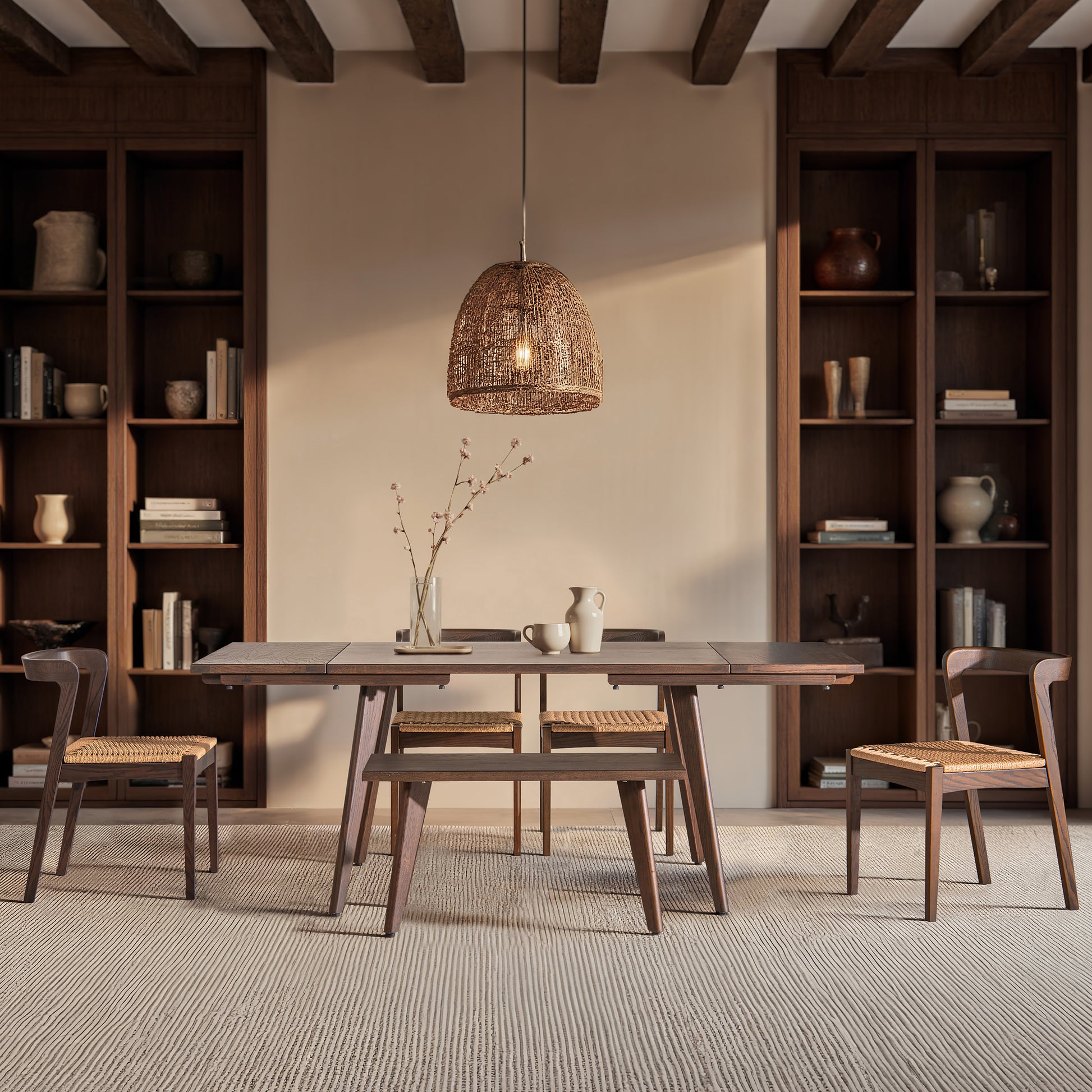 Dark Brown Wood Dining Chair - Woven Seat for Living Room