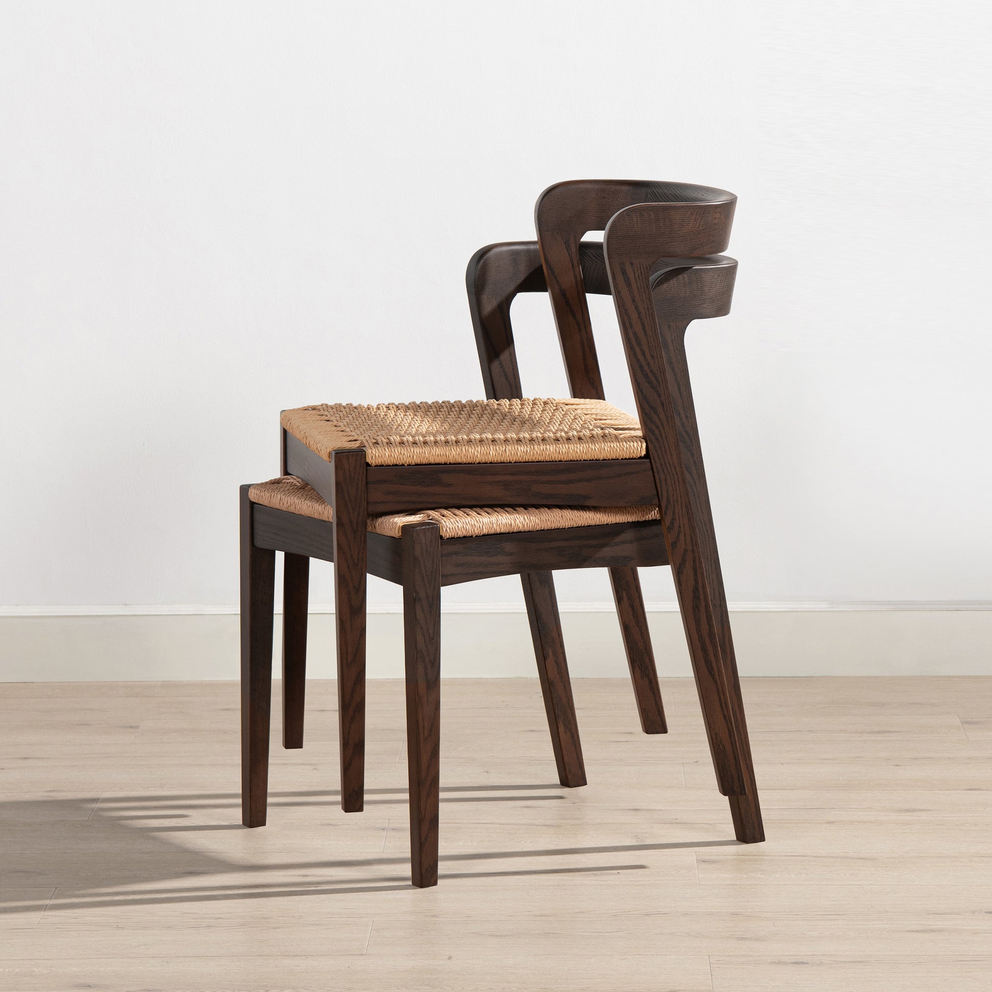 Dark Brown Wood Dining Chair - Woven Seat for Living Room
